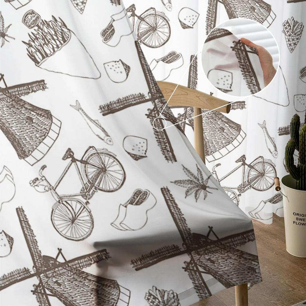 Brown Windmill Flower Cluster Bicycle Bedroom Transparent Sheer Curtains Holiday Decoration Window Voile Tulle Curtain
