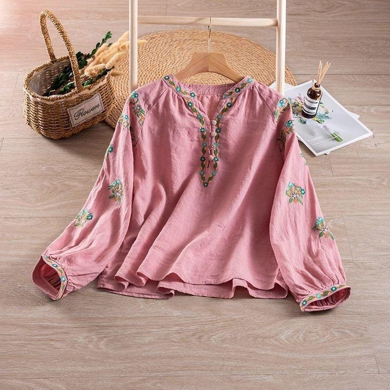 

Летняя вышитая рубашка с косым лацканом, винтажная повседневная рубашка с длинным рукавом, хлопково-льняные топы, свободная удобная футболка XXXL розовый