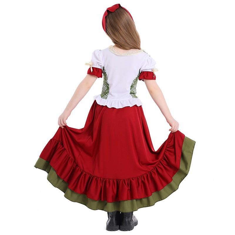 Kids Halloween Costume Dress Ethnic Dance Outfit Girls Short Sleeve Wine Red Print Skirt Set
