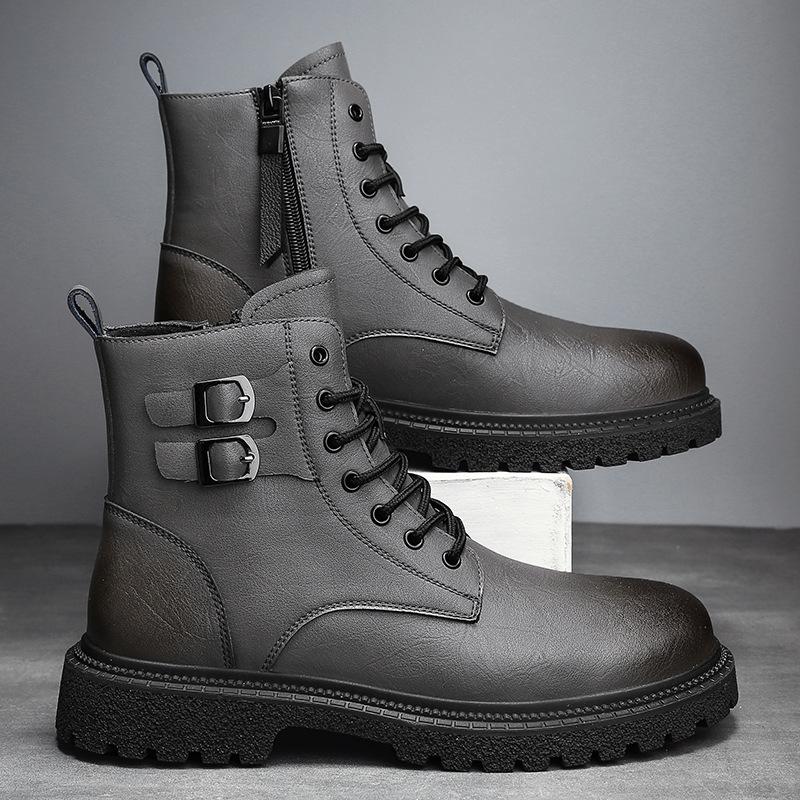 Large Size Martin Boots Men's Leather Boots, Autumn and Winter Leather Short Boots Fleece Thermal Cotton Boots Zipper Locomotive Boots