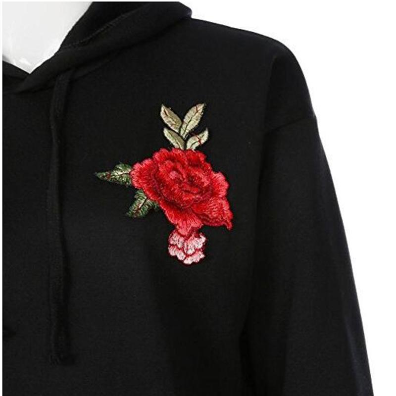 Women Rose Embroidery Hooded Pullover Long Sleeves Loose Sweatshirt