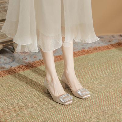 Close Your Eyes! Square Buckle Square Head Shallow Mouth Comfortable Thick Heel Single Shoes Women's Commuting Temperament Professional High Heels