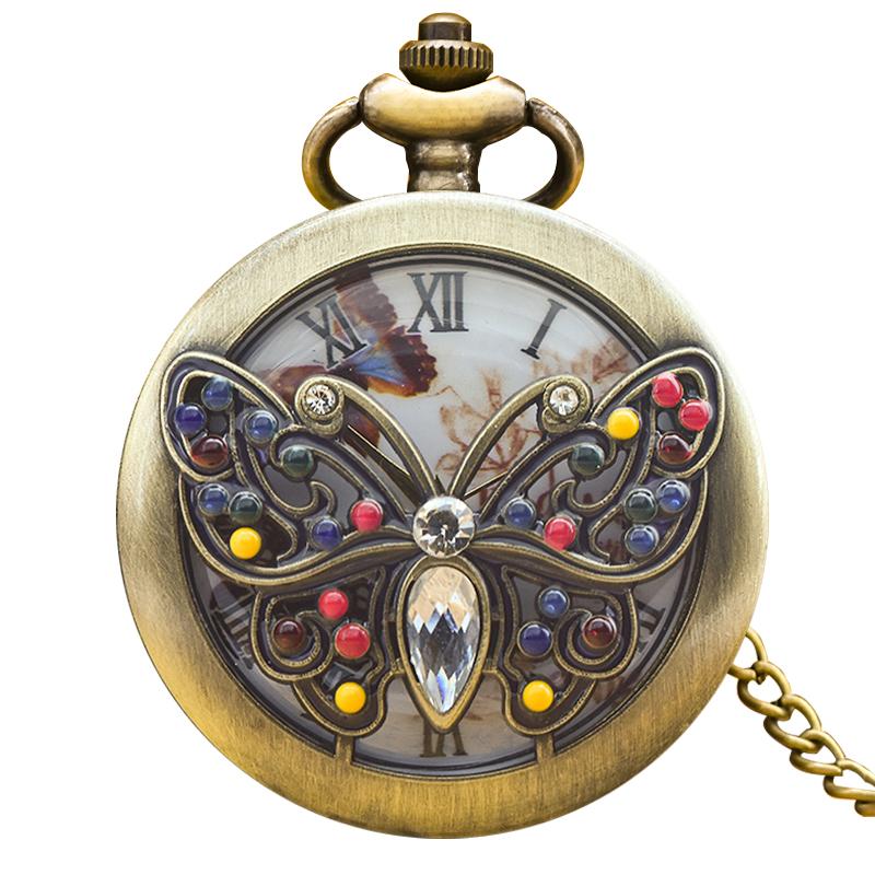 

Retro Bronze Steampunk Butterfly Hollowed-Out Engraved Quartz Pocket Watch Necklace Pendant Clock Chain Men And Women Chain Gift бронзовый