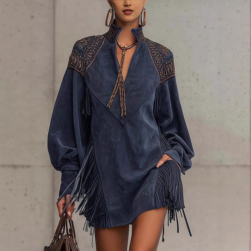 2025 European & American V-Neck Tassel Embroidery Dress for Women