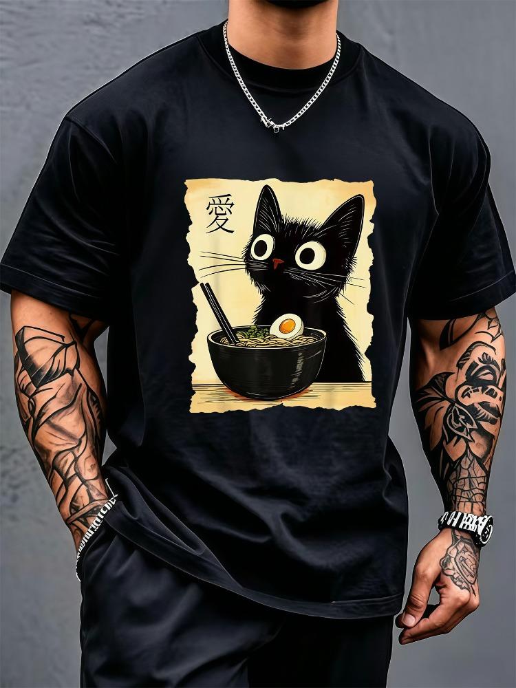 Cute Black Cat RaUnisex Noodle Kanji Love Unisexs Soft Cotton Short Sleeve Tee Vintage Japanese Anime Casual Top For Cat Food Lovers