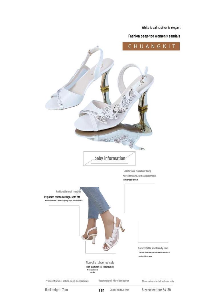 Europäische & Amerikanische Übergröße Stilettoabsatz Mesh Strass Peeptoe Sandalen