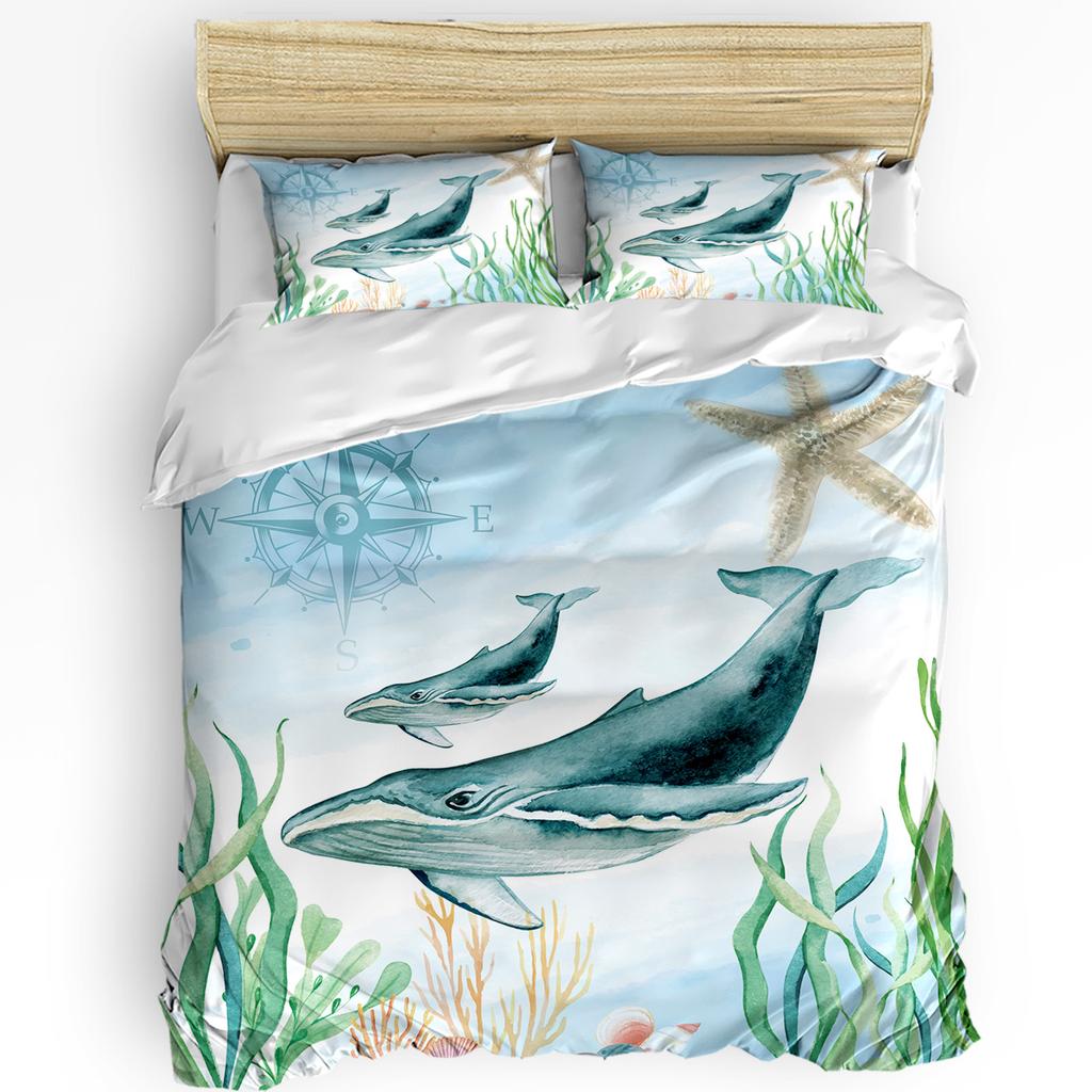 Nautical Theme Sea Turtle Starfish Compass Duvet Cover with Pillow Case 3pcs Bedding Set Quilt Cover Double Bed Home Textile