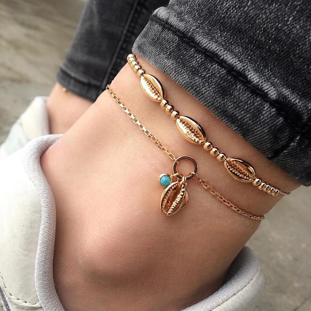 Summer Beach Crushed Stone Chain Anklet Set For Women Boho Shell Charm Ankle Bracelet On The Leg Handmade Fashion Jewelry