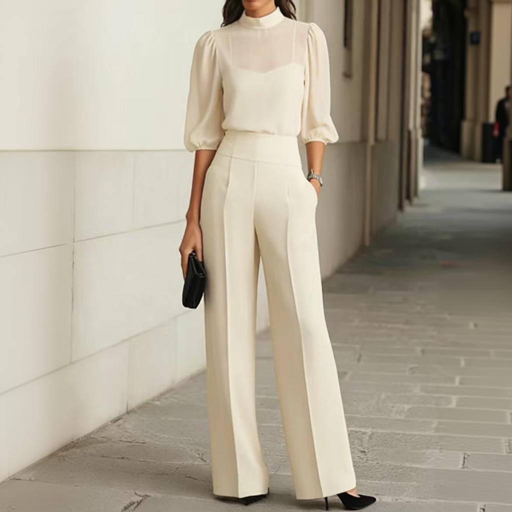 Completo 3 Pezzi da Donna con Pantaloni a Gamba Larga a Manica Corta