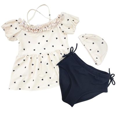 Kids Swimsuit for Short Puff Ecru X Black [Teddy] Girls, Off-the-shoulder, Peplum-style, Sleeve, 3-piece Set, Separate, Ruffle, Sleeve, Kids509,