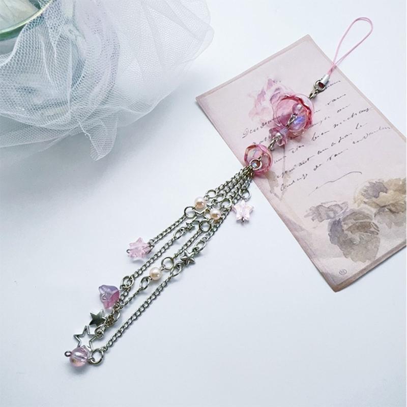 Cute Bead Pendant Phone Chain Y2K Style Fashion Purple Fringe Heart Star Bead Phone Lanyard for Girls Women Backpack