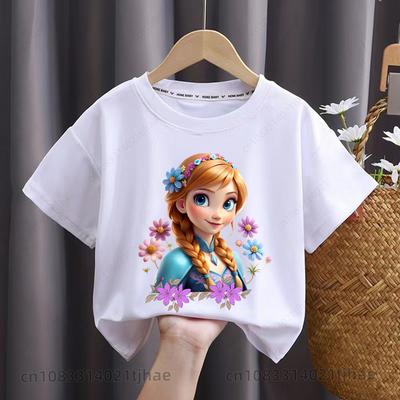 T-shirt dla dziewczynek - Odpowiedni do noszenia na przyjęciach dla dziewczynek - Modny, z krótkim rękawem i pięknym motywem Disney 'Kraina Lodu 2' - Elsa, Anna