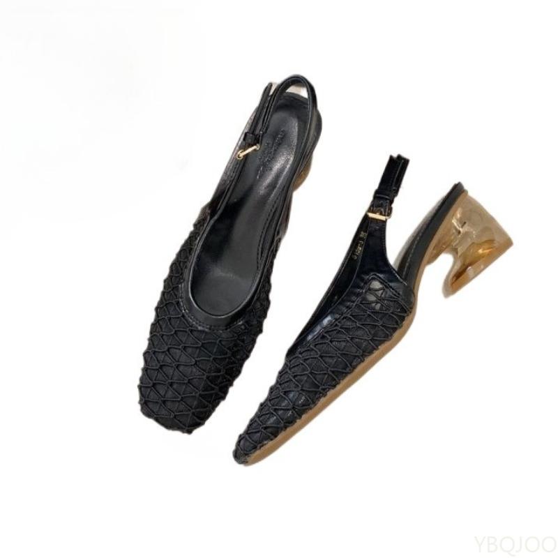 Fashion Mesh Women's Mid Heeled Slippers Fashionable Summer New Style Elegant Empty Temperament Square Toe Woven Toe Cap Sandals