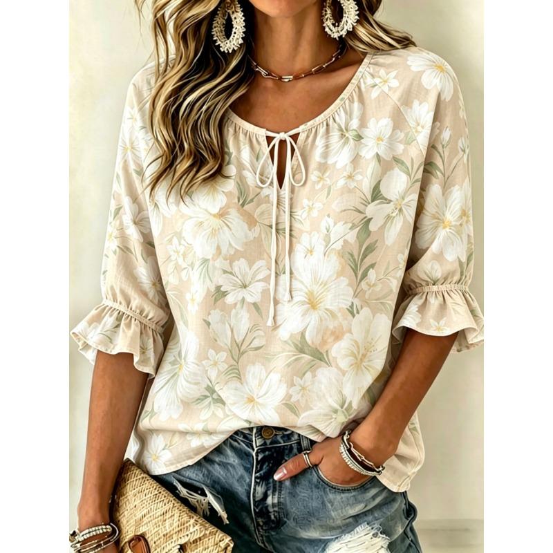 Women's Soft Pink Watercolor Floral Print Tie Front Blouse, Casual Loose Top for Spring Summer Daily Wear