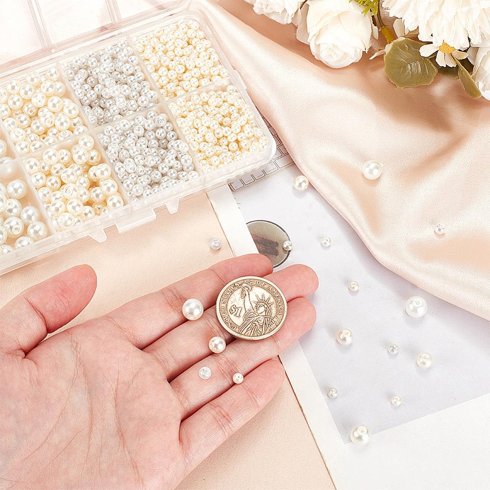 1060Pcs 4 Style Glass Pearl Beads Round Mixed Color 3~9mm Hole: 0.5~0.1mm
