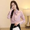 Elegante Blusa Bianca in Chiffon da Donna, Camicia da Lavoro Larga a Maniche Lunghe con Fiocco e Orlo Svasato in Stile Coreano