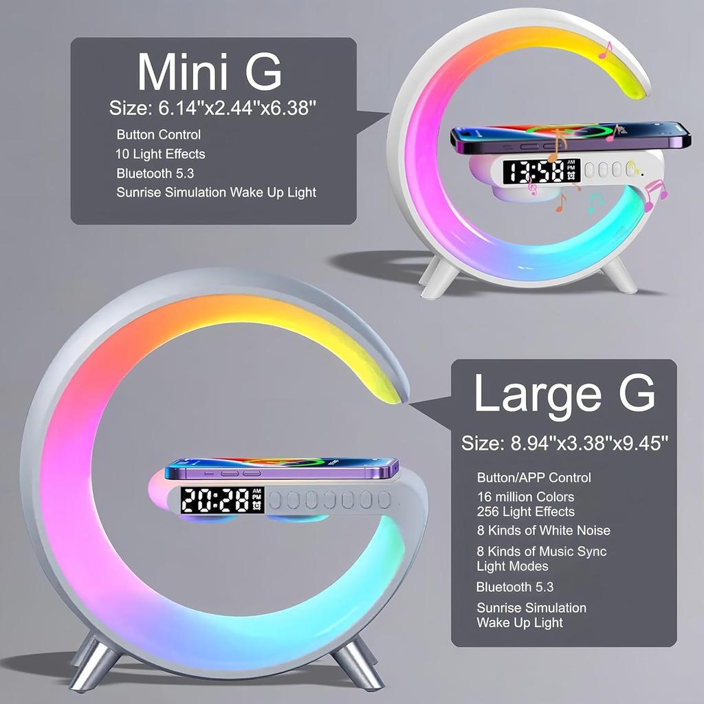 LED Table Lamp with Wireless Charger, Mini G Atmosphere Lamp with Bluetooth Speaker, Night Light Lamp Sunrise Alarm Clock, Smart Light Sound Machine