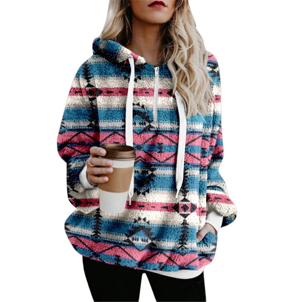 Women's Hooded Half Zip Fleece Sweatshirt Loose Fit Ethnic Geometric Print Pullover With Pockets