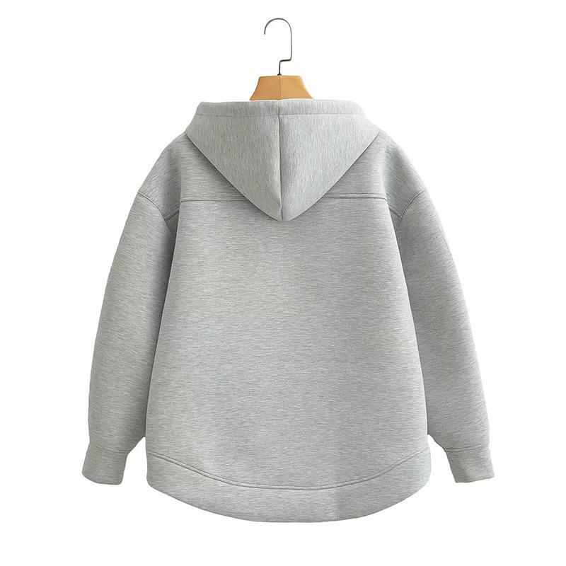 Autumn Women Gray Jacket With Hood Long Sleeve Big Pocket Zipper Jacket Coat Woman Loose Casual Outerwear Coat Tops
