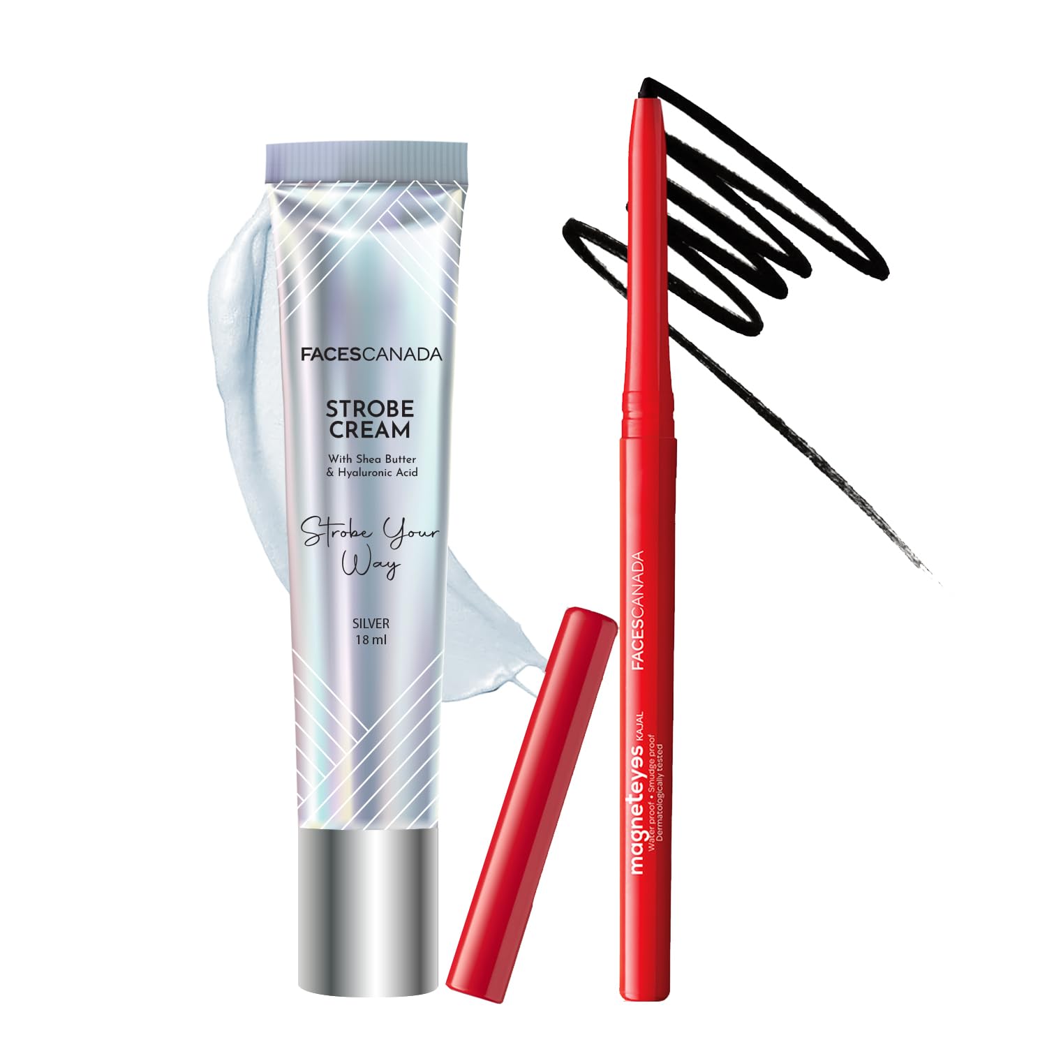 

FACES CANADA Bright Eyed Combo - Strobe Cream - Silver (18 ml) + Magneteyes Kajal - Black (0.35 gm) | Illuminating & Glowing Makeup Base | Waterp