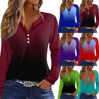 Damen T-Shirt Print Knopf Langarm Täglich Wochenende Mode Basic V-Ausschnitt Regulär Oberteil