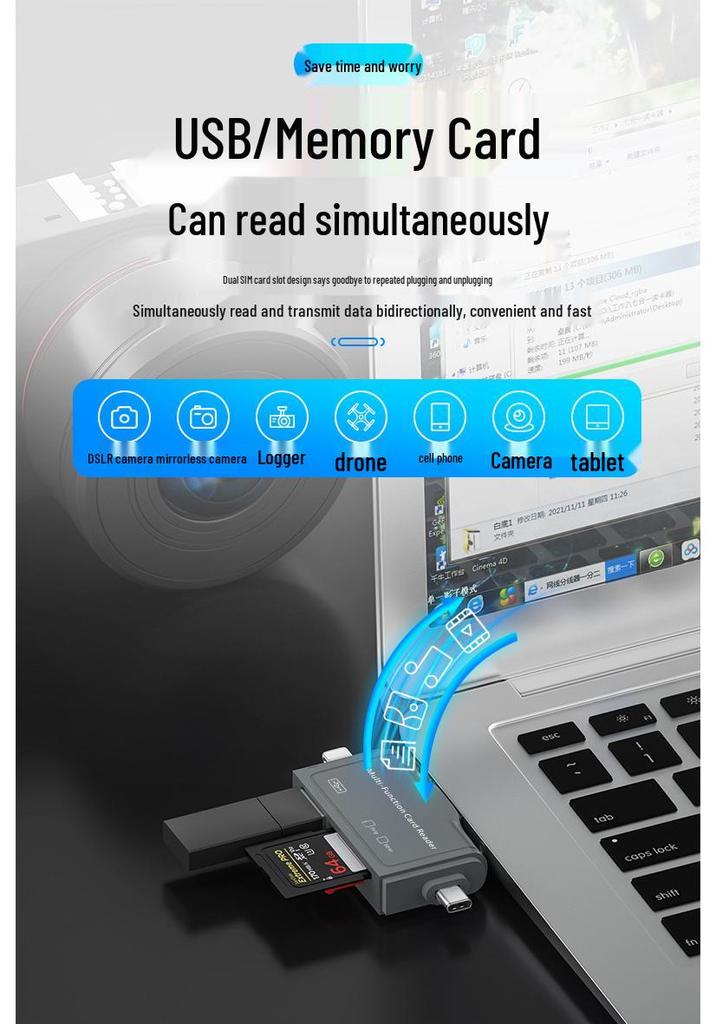Multi-Function 7-in-1 OTG Card Reader for USB, Type-C, Android, and Computers