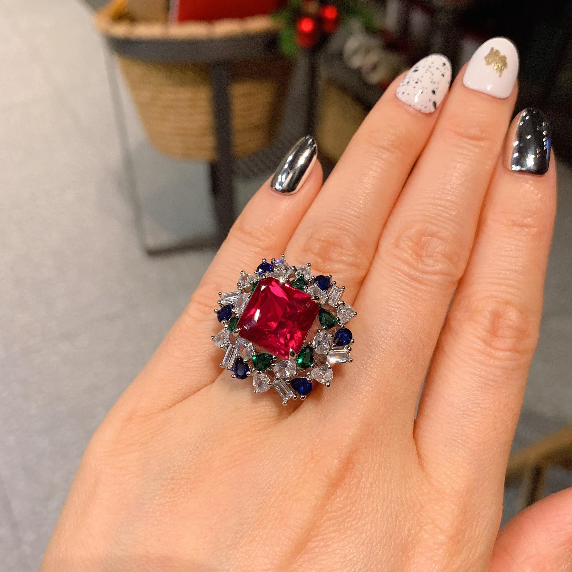 

European and American popular rings imitation red treasure color matching stone creative pendant ring set main stone 12 * 12