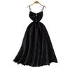 French gentle wind pink V-neck suspender dress women's summer crochet hollow embroidery thin pendulum long skirt
