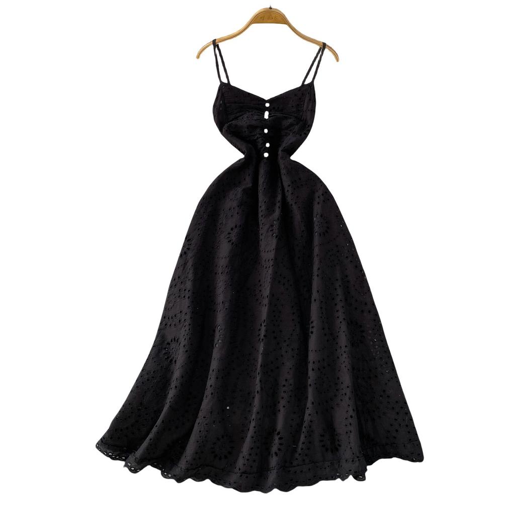 French gentle wind pink V-neck suspender dress women's summer crochet hollow embroidery thin pendulum long skirt