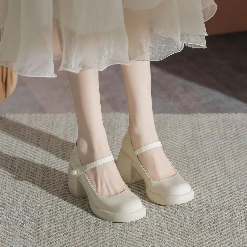 Fashion Pearl with Medium Heels Round Toe Square Gothic Mary Jane Japanese Style Lolita Ladies Footwear Women's Shoes Beau Today on Sale
