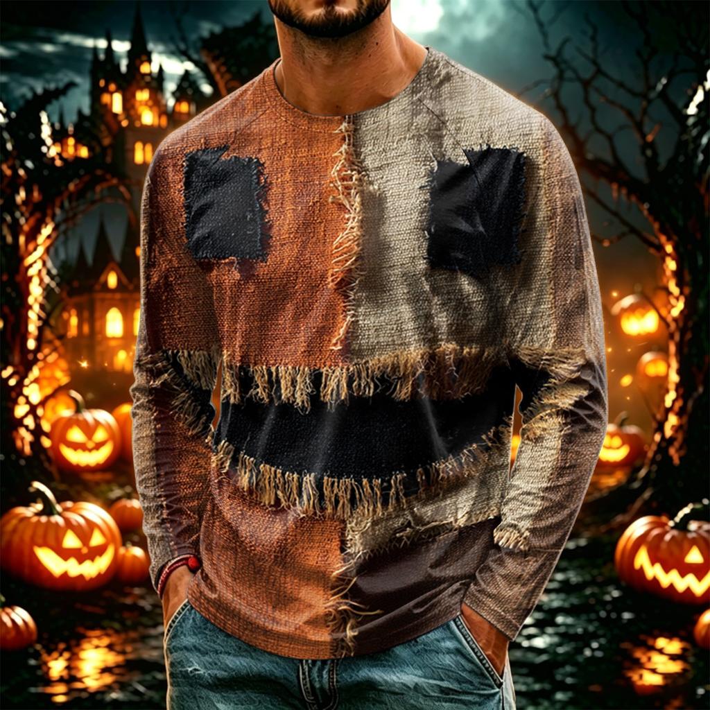 Men's Halloween Printed Neck Lightweight Long Sleeve T-Shirt for Casual Wear