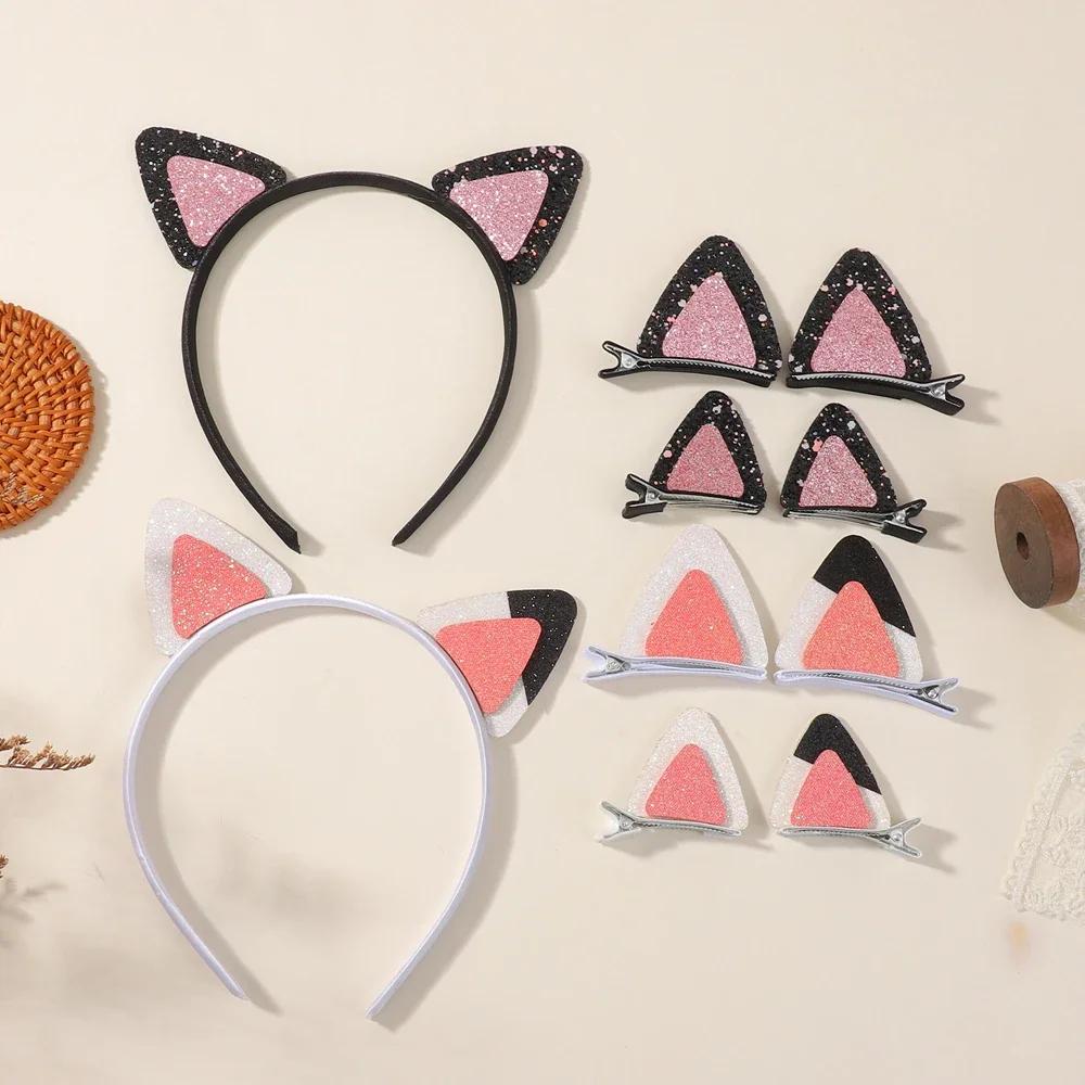 3pcs/set Cute Reversible Sequin Cat Ear Headband for Girls Lovely Anime Hair Clip Cartoon Headdress Cosplay Hair Accessories