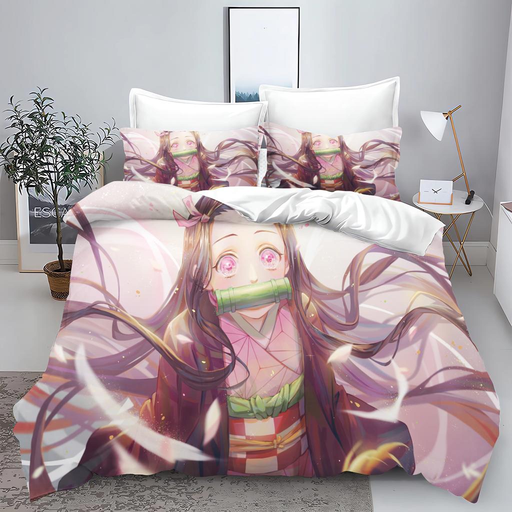 Demon slakter: Kimetsu no Yaiba kamado Nezuko Anime 100% Polyester Sengetøy Sett Dynetrekk Sett Trykt Tegneserie Hjemmeinnredning