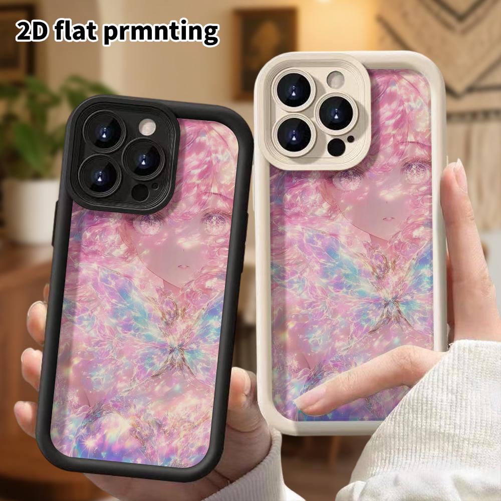 Phone Case: 2D Flat Design Suitable for iPhone 18 17 16 15 14 13 Pro Stepped Protective Case, Pink Crystal Butterfly Girl, Christmas and Halloween Gif