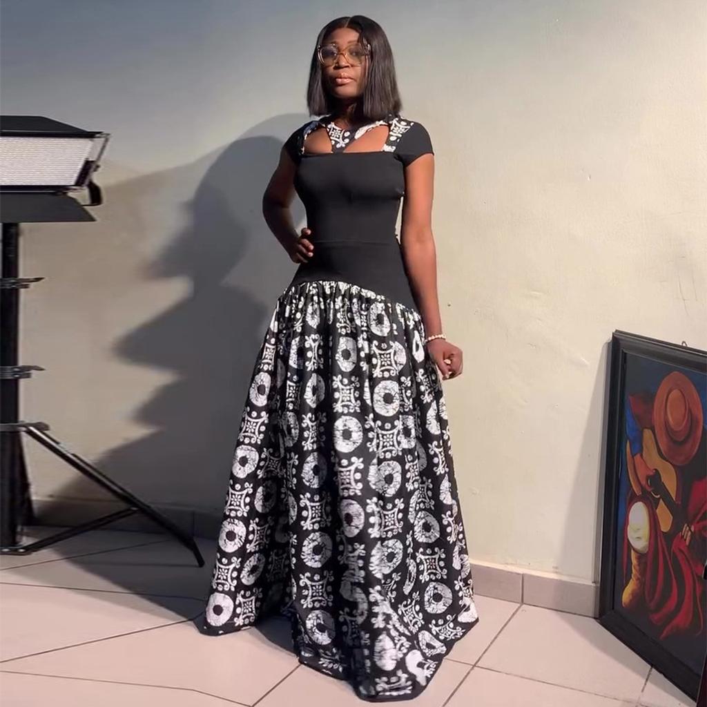 European and American Summer New African Elegant Women's Clothing Round Neck Hollow Splicing Big Pendulum Dress