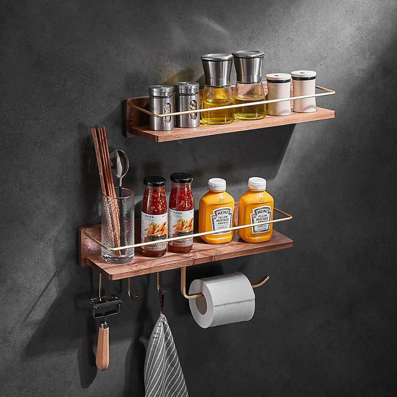 Solid Wood Bathroom Shelf Wall Mounted Toilet Storage Rack Towel Rack Toiletry Counter Bathroom Makeup Storage Rack Hook Bar
