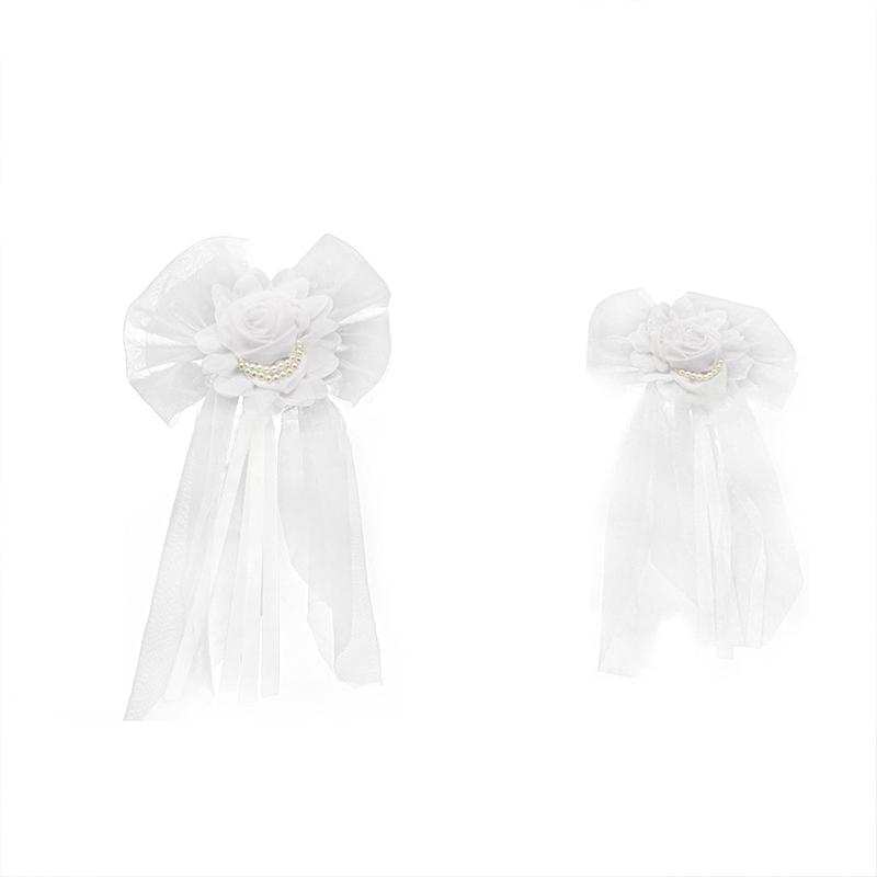 1Pair White High-quality Silk Ribbon Romantic Pearl Bud Party Decor Supplies Wedding Car Decoration Lace Flowers Chair Bow Tie