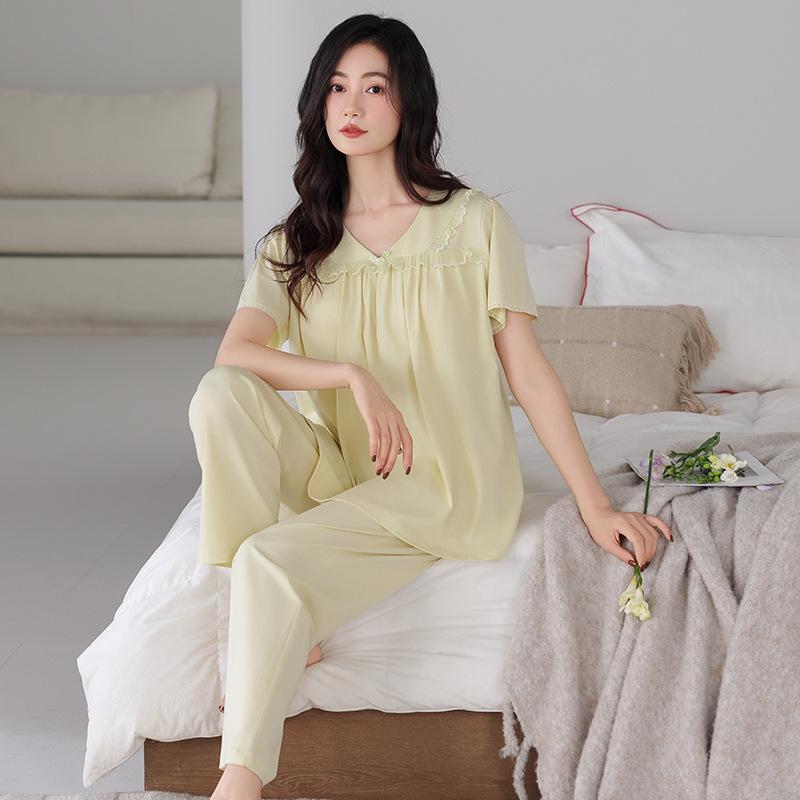 Pajamas women's summer with chest pads pure cotton short-sleeved cropped pants 1011 new thin summer cool loungewear