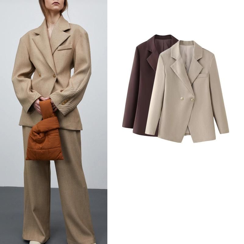 Fall and Winter New Arrival Women's Clothing Fashion Style Fashion Casual Simple Double Breasted Lapel Long Sleeves Waist-Tight Suit Outwear