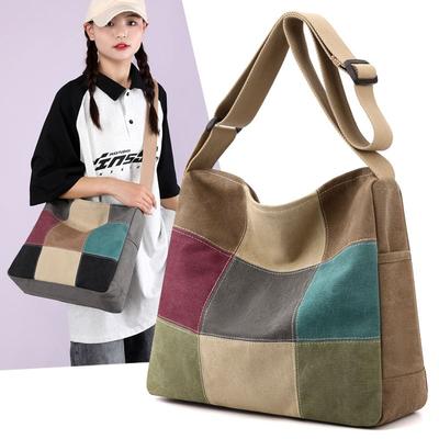 Women Color Block Patchwork Canvas Crossbody Bag Casual Shoulder Bag Fashion Outdoor Shopping