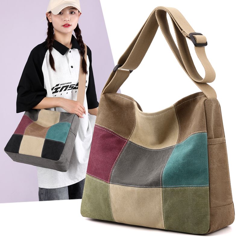 Damen Farbblock Patchwork Canvas Umhängetasche Lässige Schultertasche Mode Outdoor Einkaufen