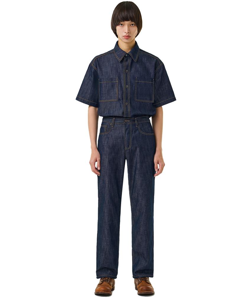 LAUGHER [Summer][Non-Fade] Two-Pocket Denim Work Shirt Short Sleeve - Deep Blue