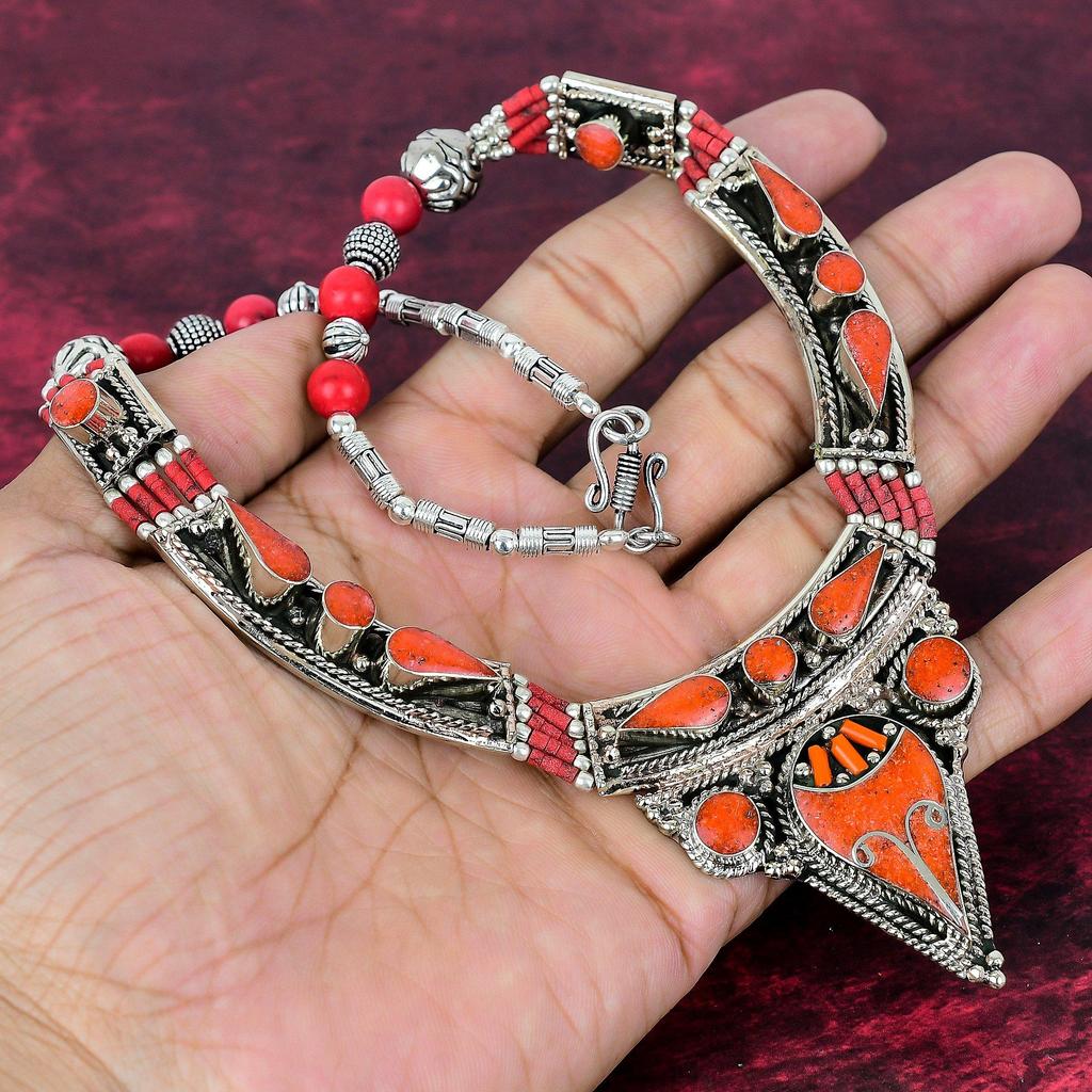 Coral Nepali Necklace Handmade Jewelry, 925 Solid Sterling Silver Necklace Designer Gemstone Jewelry Adjustable Chain Necklace