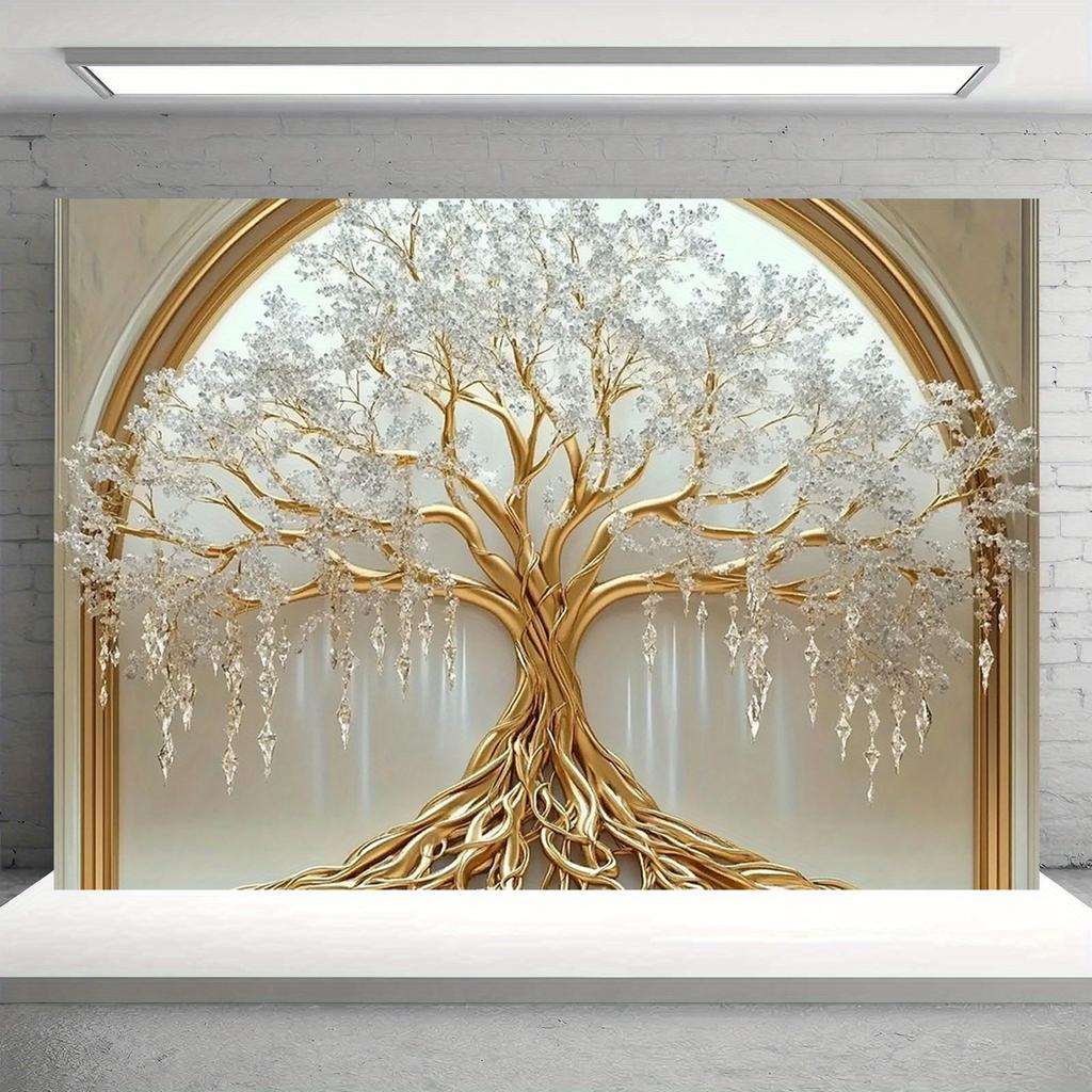 Oversized White Life Tree Wall-mounted - Elegant Polyester Decoration with Golden Branches and White Flowers