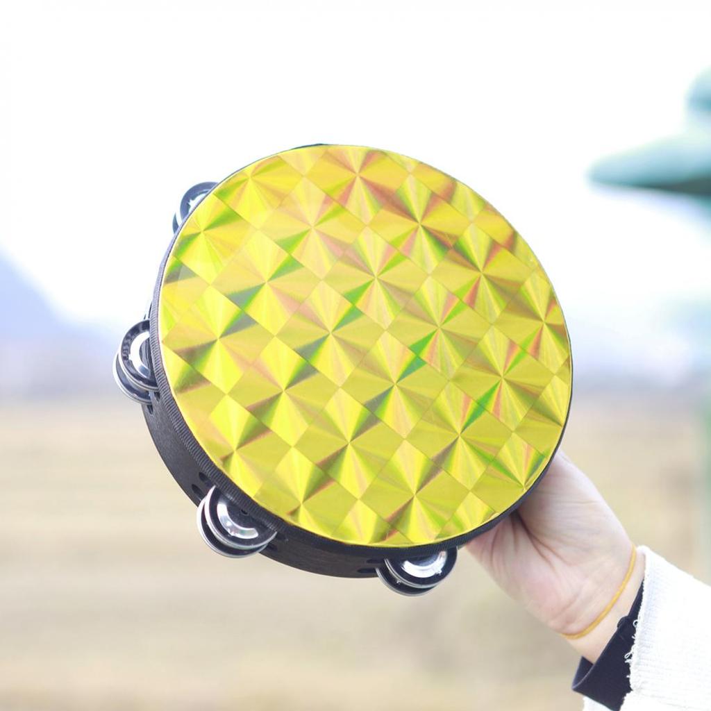 8 Inch Wooden Tambourine Handbell Hand Drum with Double Row Jingles Percussion Instrument