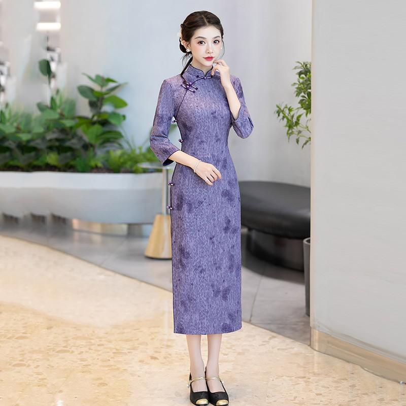 Purple Vintage-Inspired Long Sleeve Qipao Dress Women Slim Fit Wear Stand Collar Design