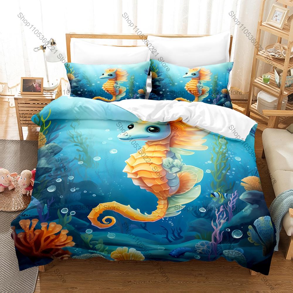 Cartoon Zeepaardje Drie Delige Beddengoed Set Luxe Dekbed Set met Queen King Maat Koel Twee kussensloop camas de dormitorio EU Single(135x200cm)