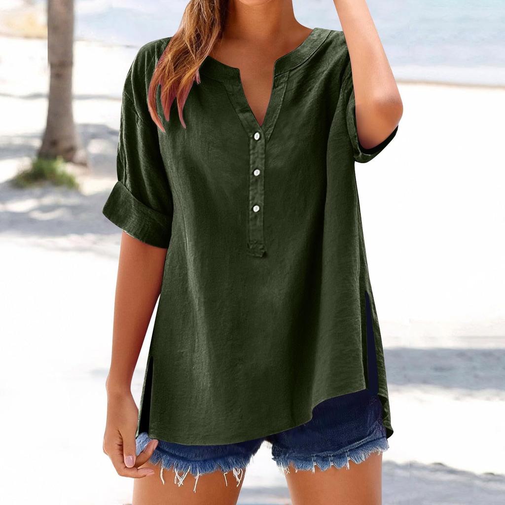 Women's Summer Casual V-neck Button Shirt Solid Color Short Sleeve Hem Split Cotton Blouse