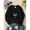 Kids Unisex Crewneck Sweatshirt, Cute Messy Fluffy Black Kitten With Big Eyes Cartoon Print Soft Fleece Pullover For Kids Over 4 Years Old