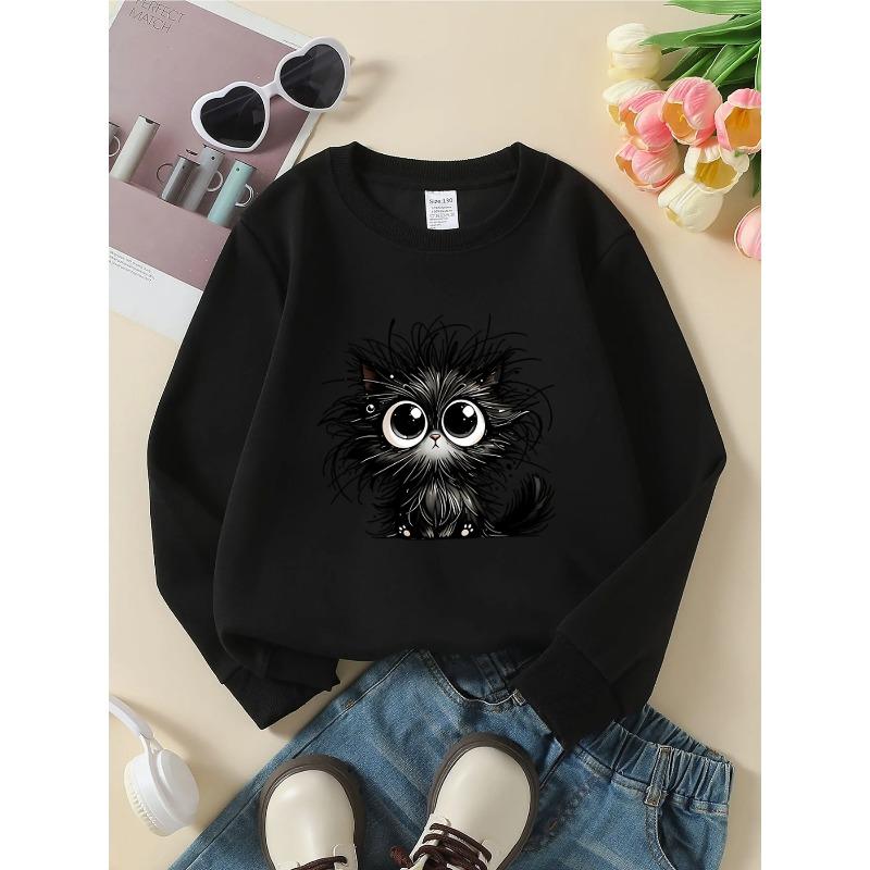 Kids Unisex Crewneck Sweatshirt, Cute Messy Fluffy Black Kitten With Big Eyes Cartoon Print Soft Fleece Pullover For Kids Over 4 Years Old